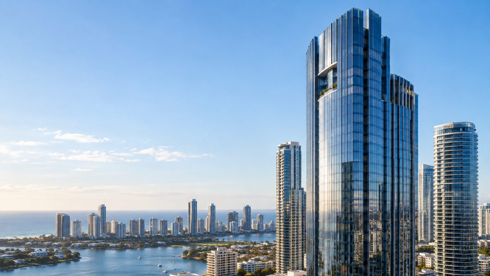 Modern glass skyscrapers overlooking a coastal city